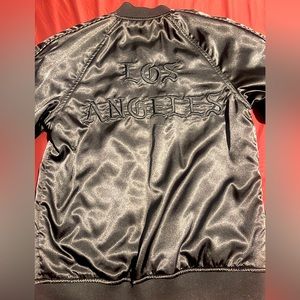 Satin embroidered bomber jacket, black satin bomber jacket, Los Angeles jacket